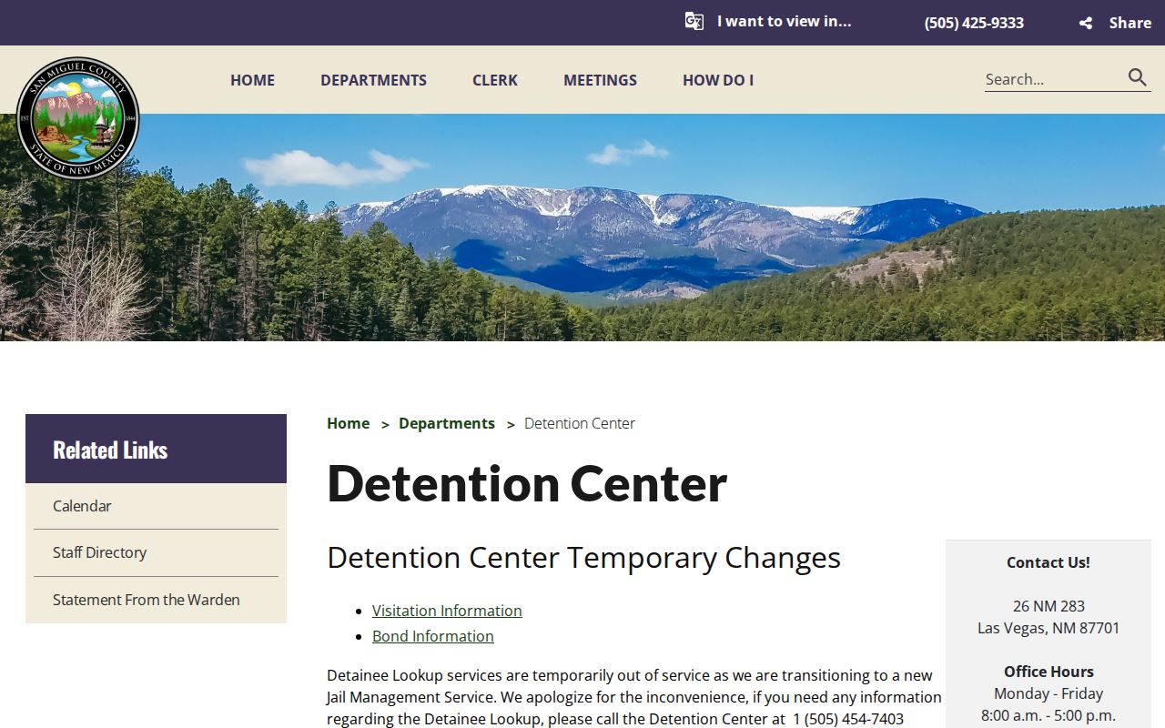 San Miguel County Detention Center adult booking-record lookup notice for Mora County